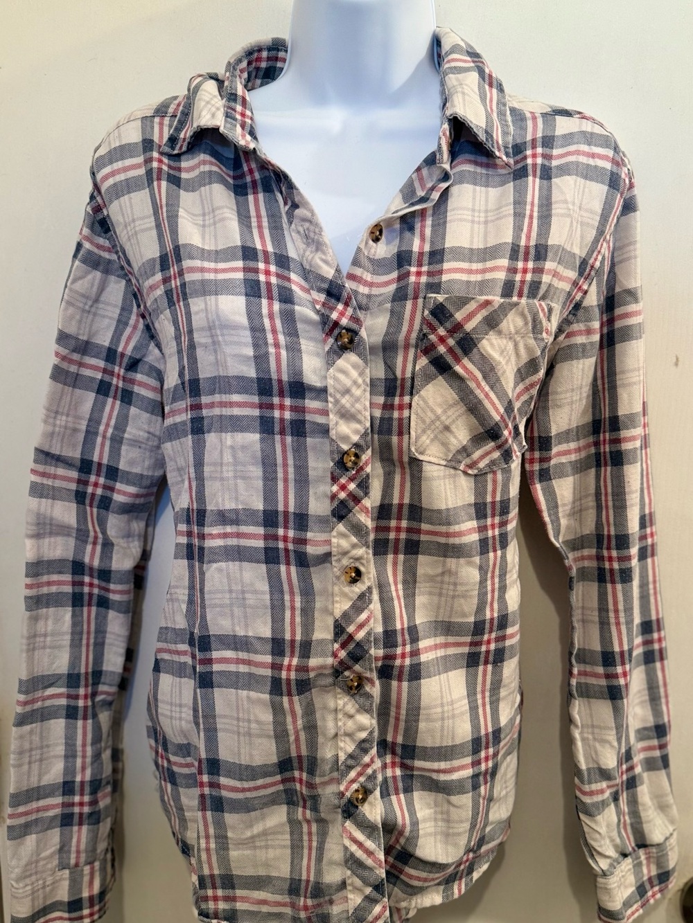 La Hearts Plaid Button-Up Shirt with Blue and Red Stripes